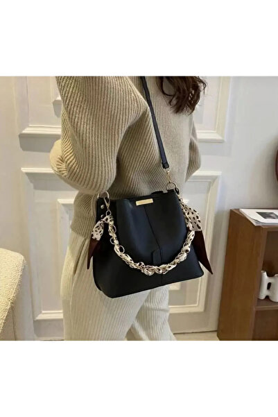 Modabag Γυναικείο κασκόλ και αξεσουάρ αλυσίδας Μαλακό δέρμα 3 θέσεων Μαύρη τσάντα χειρός και ώμου