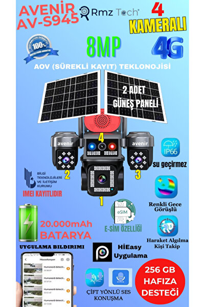 AVENİR AV-S945 4 Kameralı 8MP E Sim 4G Sim Kartlı PTZ Kamera | Gece Renkli Görüş + İnsan Takibi
