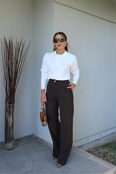 Purple by Banu Acı Kahverengi Gold Düğme Detay Palazzo Pantolon