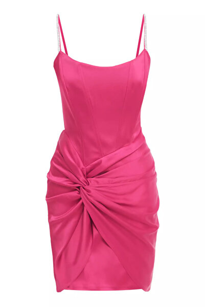 Keikei Fuşya saten kolsuz kısa elbise