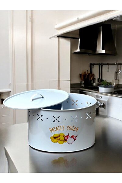 metalshop Büyük Boy Bölmeli Plakalı Metal Patates Soğan Kovası Beyaz