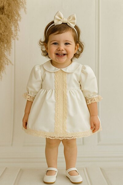 Hobidik Baby Girl Off-White Front Double Row Cream Lace Dress