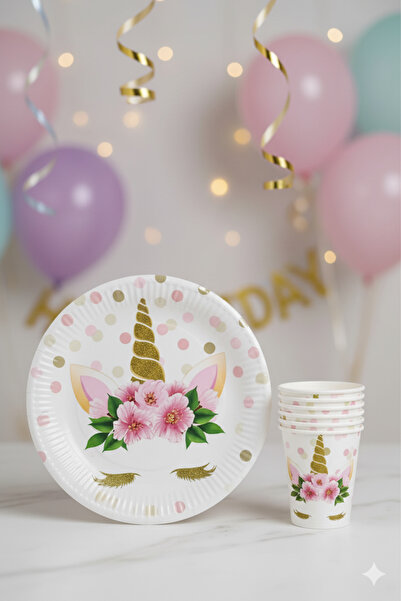 Deniz Party Store Unicorn Temalı 8 Li Karton Tabak Bardak Set
