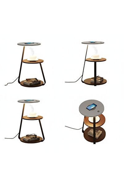 1st Side Table - Built-in LED Lighting & Wireless Mobile Charger Silver&brown - 36 x 60 cm