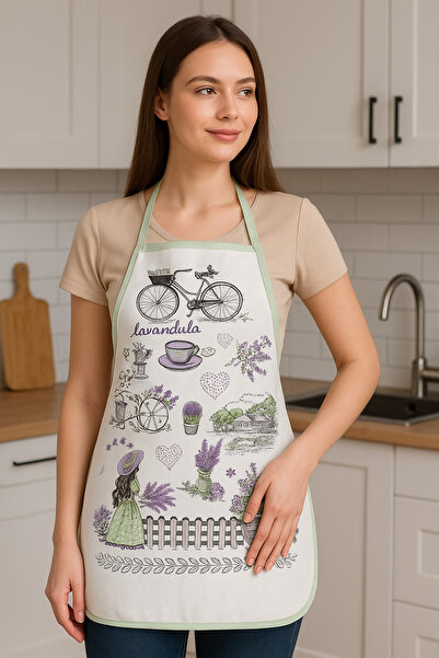Rona Home Lavender and Coffee Patterned Kitchen Apron - Stylish, Washable, Durable Fabric, Trendy Design,