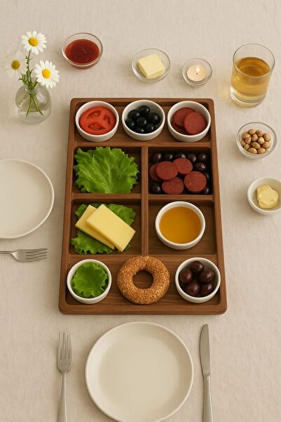 Becenhouse ahşap fondü servis tabağı 4 bölmeli 6 adet sos tabaklı