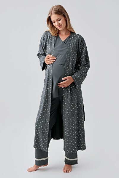 Artış Long Sleeve Patterned Stretchy Cotton Maternity Dressing Gown Pajama Set