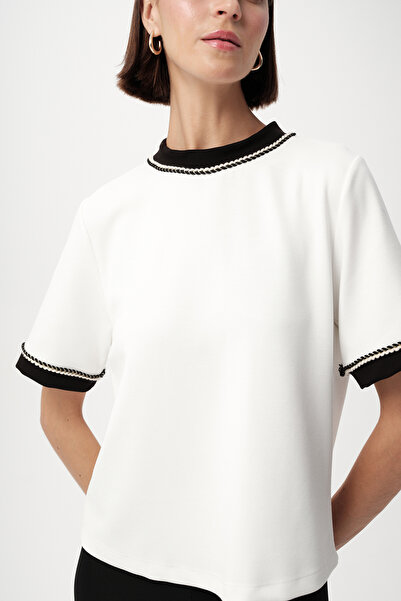 Allyco Crew Neck Knitted Stripe Detailed Regular Knitted Ecru T-Shirt