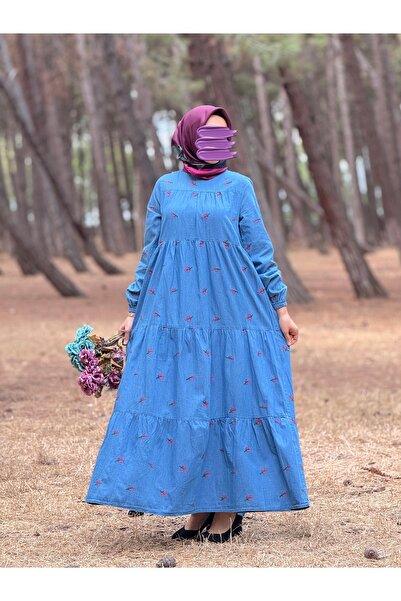 Nissra Ankanoor Floral Embroidered Denim Dress Anka251896