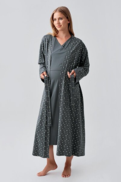 Artış Long Sleeve Patterned Stretchy Cotton Maternity Dressing Gown Nightgown Set