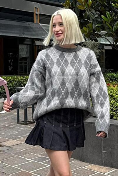 Madmext Antrasit Bisiklet Yaka Şardonlu Baklava Desenli Kazak Mg2493