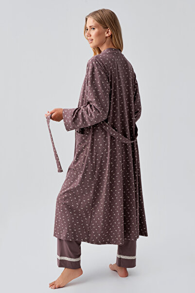 Artış Long Sleeve Patterned Stretchy Cotton Maternity Dressing Gown Pajama Set