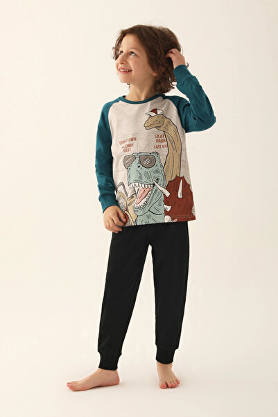 Rolypoly Dinosaur Gri Yeşil Erkek Çocuk Uzun Kol Pijama Takım