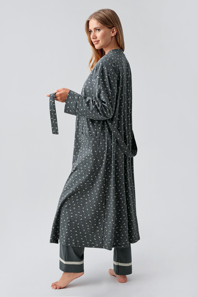 Artış Long Sleeve Patterned Stretchy Cotton Maternity Dressing Gown Pajama Set