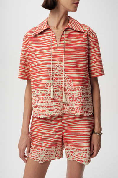 Allyco Floral Embroidery Embroidered Lace-Up Striped Red Beige Blouse