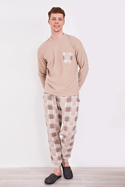 Arnetta Σετ ανδρική μακρυμάνικη πιτζάμες καρό μπεζ