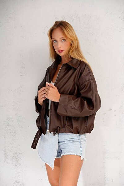 İLKCET MODA Γυναικείο μπουφάν Oversize με ζώνη Bitter Brown Bomber