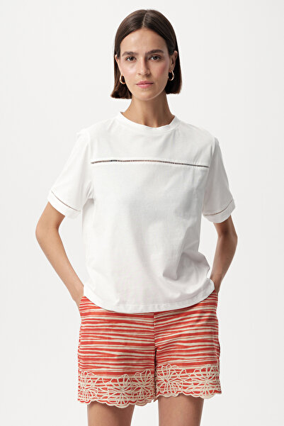 Allyco Openwork Detailed Crew Neck Regular Knitted White T-Shirt