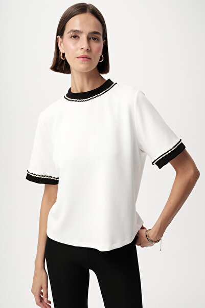 Allyco Crew Neck Knitted Stripe Detailed Regular Knitted Ecru T-Shirt