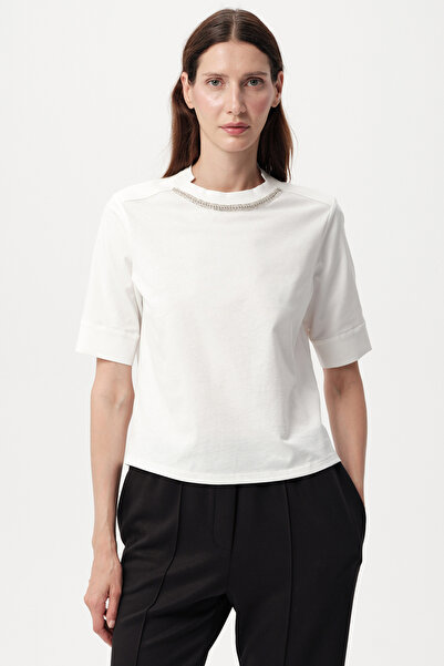 Allyco Crew Neck Knitted White T-Shirt with Stones on the Collar