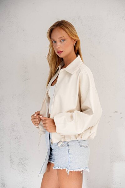 İLKCET MODA Жіноча куртка-бомбер оверсайз з поясом, екрю