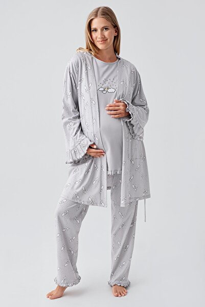 Artış Long Sleeve Patterned Stretchy Cotton Maternity Dressing Gown Pajama Set