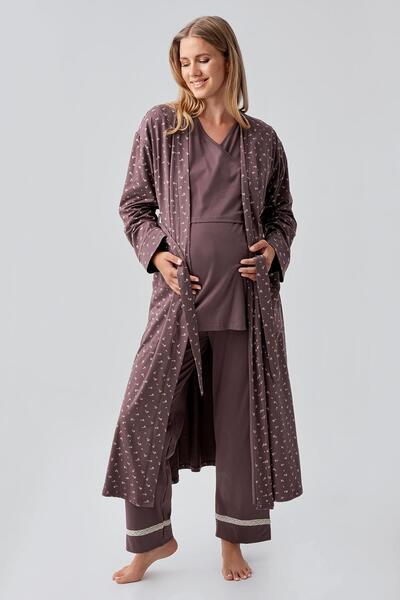 Artış Long Sleeve Patterned Stretchy Cotton Maternity Dressing Gown Pajama Set