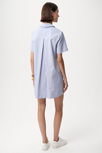 Allyco Rochie cămașă cu mânecă scurtă cu decolteu în V, albastru, alb