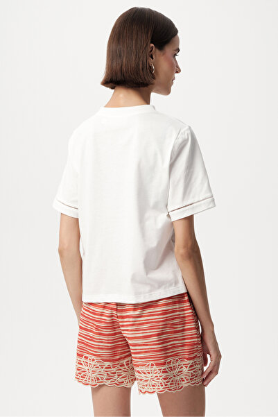 Allyco Openwork Detailed Crew Neck Regular Knitted White T-Shirt