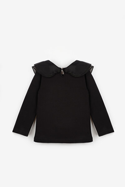 Le Mabelle Μαύρο μπλουζάκι για κορίτσι με γιακά οργάντζα