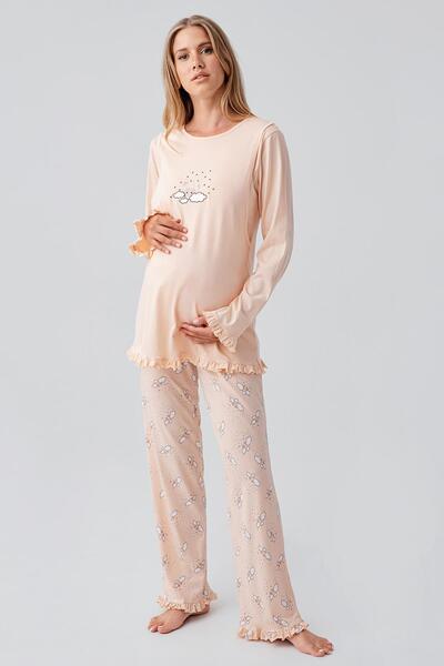 Artış Long Sleeve Patterned Stretchy Cotton Maternity Dressing Gown Pajama Set