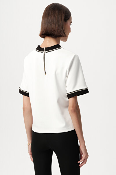 Allyco Crew Neck Knitted Stripe Detailed Regular Knitted Ecru T-Shirt