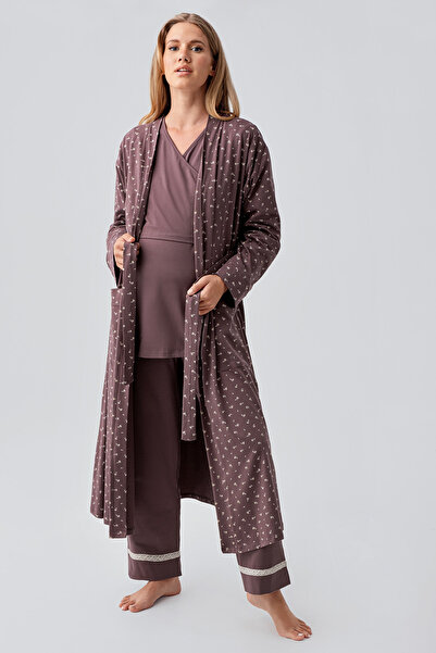 Artış Long Sleeve Patterned Stretchy Cotton Maternity Dressing Gown Pajama Set