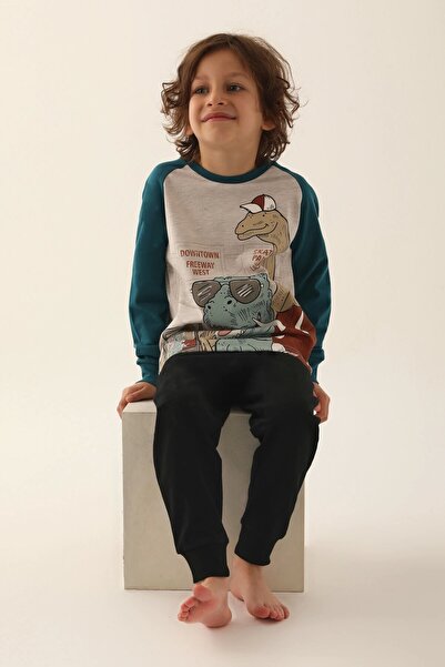 Rolypoly Dinosaur Gri Yeşil Erkek Çocuk Uzun Kol Pijama Takım