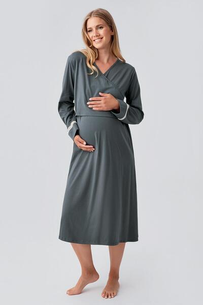 Artış Long Sleeve Patterned Stretchy Cotton Maternity Dressing Gown Nightgown Set