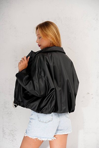 İLKCET MODA Oversize Belted Black Bomber Women's Jacket