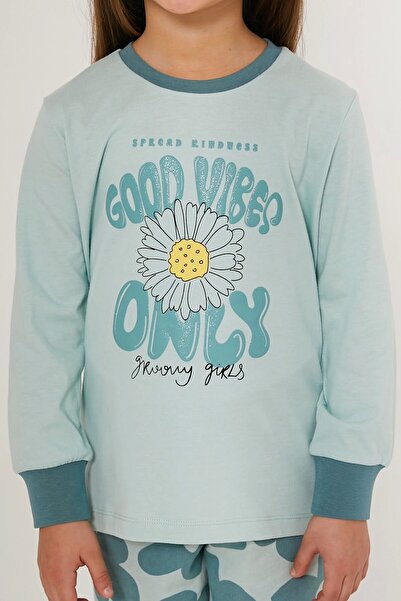 Rolypoly Good Vibes Only Su Yeşili Kız Çocuk Uzun Kol Pijama Takım