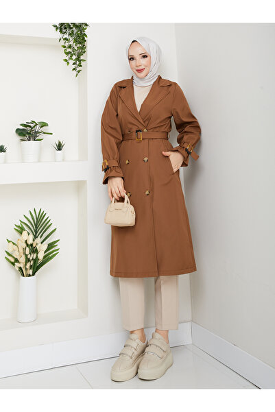 RACE FASHİON Modest Double Breasted Collar Waterproof Belted Trench Coat Rc1103013