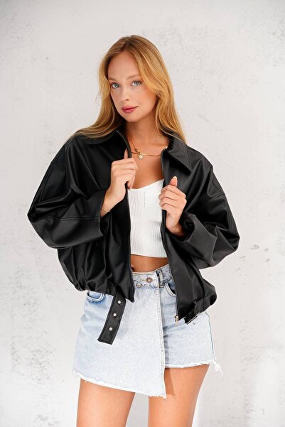 İLKCET MODA Γυναικείο μπουφάν Oversize με ζώνη σε μαύρο χρώμα