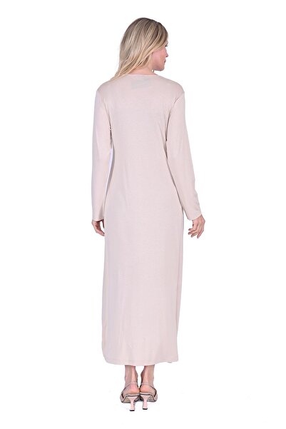 Invee Penye Uzun Kol Astar Elbise BEJ