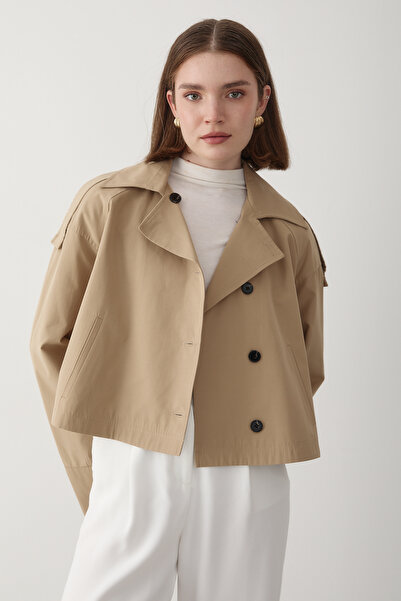 JASTE Kadın Bej Kruvaze Yaka Trençkot