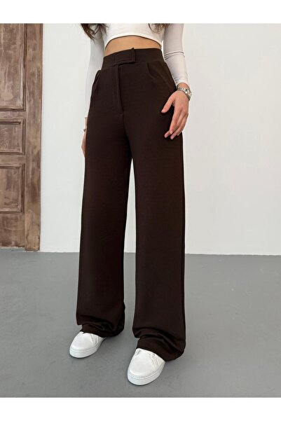 BİKELİFE Dámské hnědé kalhoty Palazzo se zapínáním na suchý zip s lycrou širokými nohama