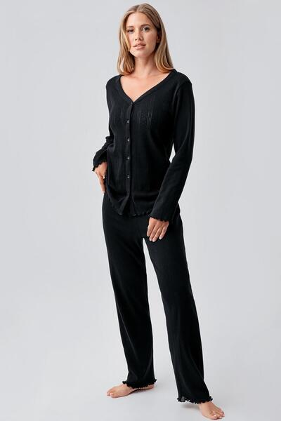 Artış Long Sleeve Openwork Buttoned Stretchy Cotton Maternity Pajamas Set