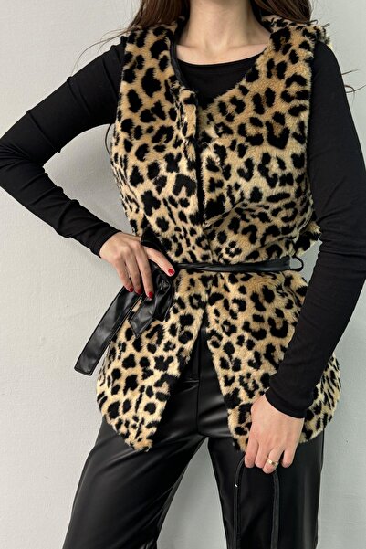 lizge giyim Leopard Fur Vest with Waist Birds