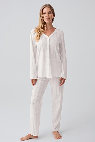 Artış Long Sleeve Openwork Buttoned Stretchy Cotton Maternity Pajamas Set