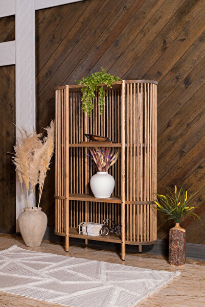 woodbaba Lathe Açık Raflı Doğal Ahşap Vitrin 73×175×39 cm | Doğal Ceviz – Koy...