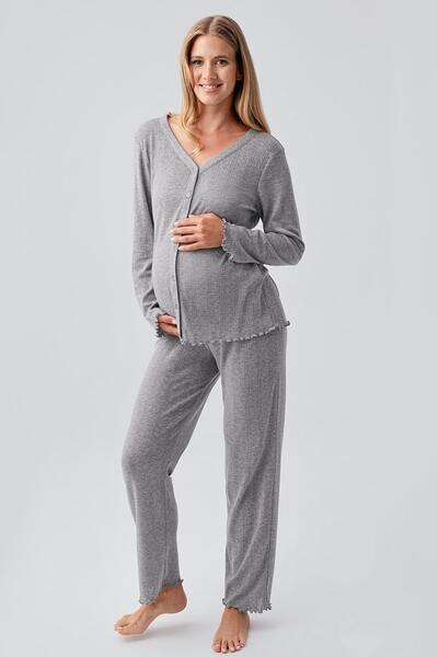 Artış Long Sleeve Openwork Buttoned Stretchy Cotton Maternity Pajamas Set