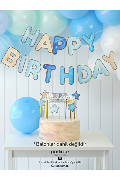 partince 3 Parça Set Mavi Tema Happy Birthday Yazısı Banner Mavi Pasta Süsü C...