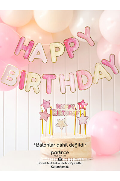 partince 3 Parça Set Pembe Tema Happy Birthday Yazısı Banner Pembe Pasta Süsü...