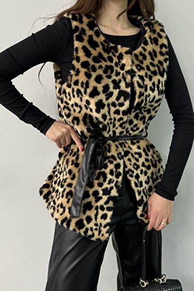 lizge giyim Leopard Fur Vest with Waist Birds